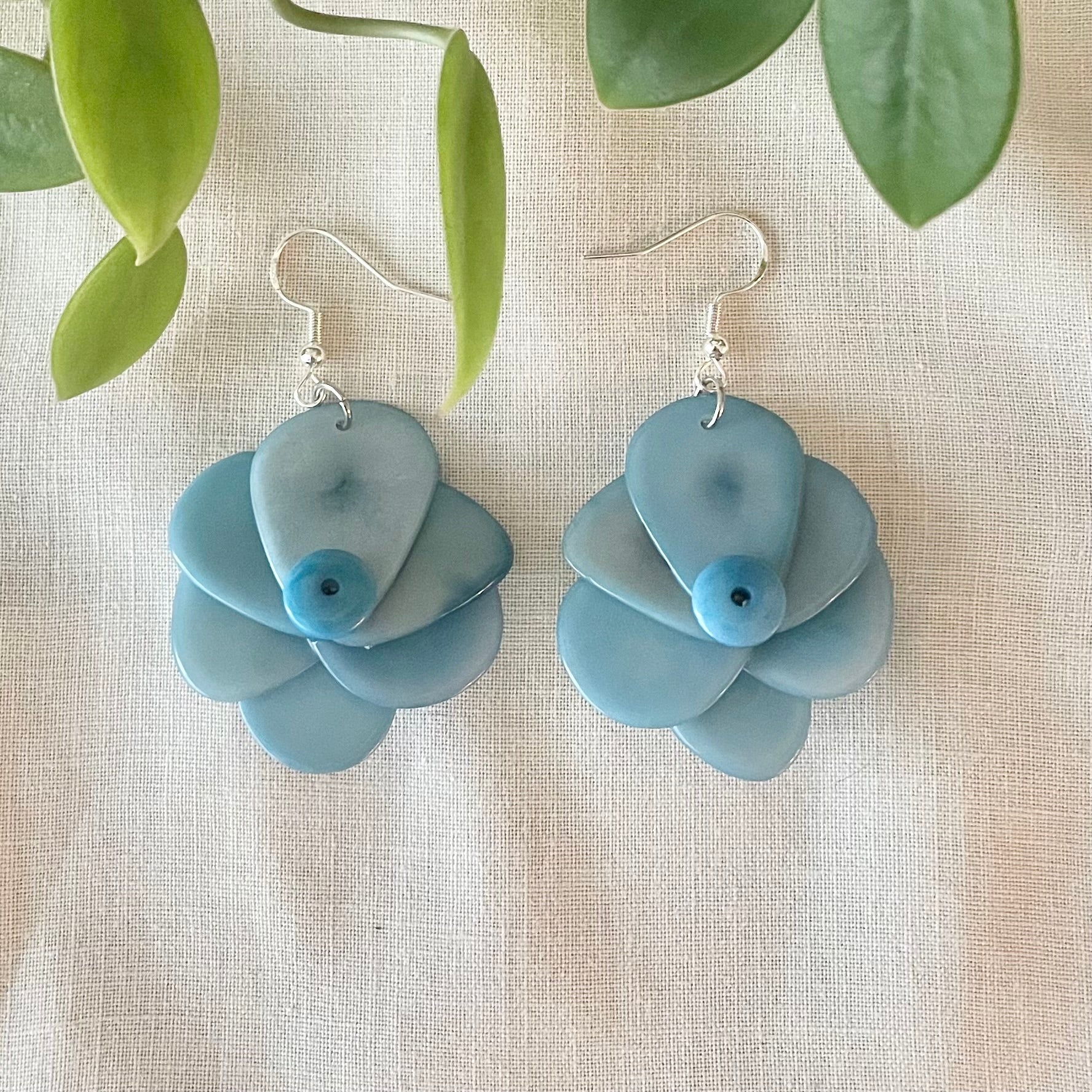 Baby Blue Rose Tagua Nut Earrings