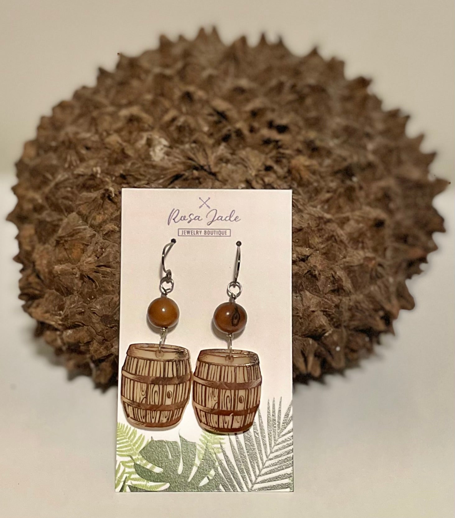 Carved Bourbon Whiskey Barrel Tagua Earrings