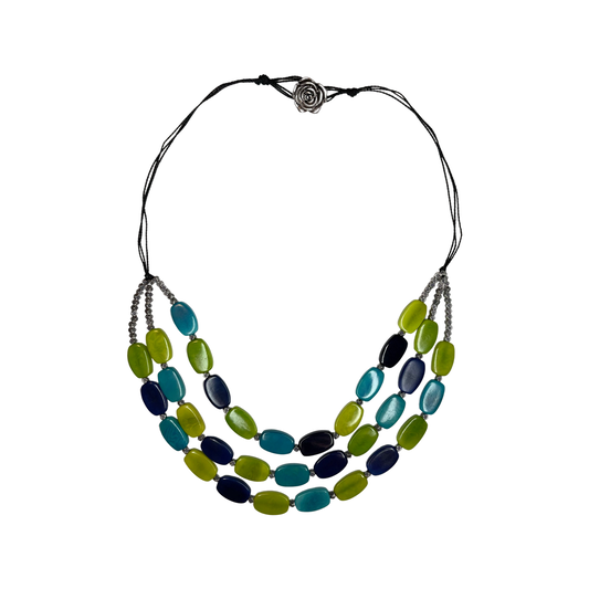 Blue Green Turquoise Tagua Nut Necklace with a Silver Pewter Rose Button