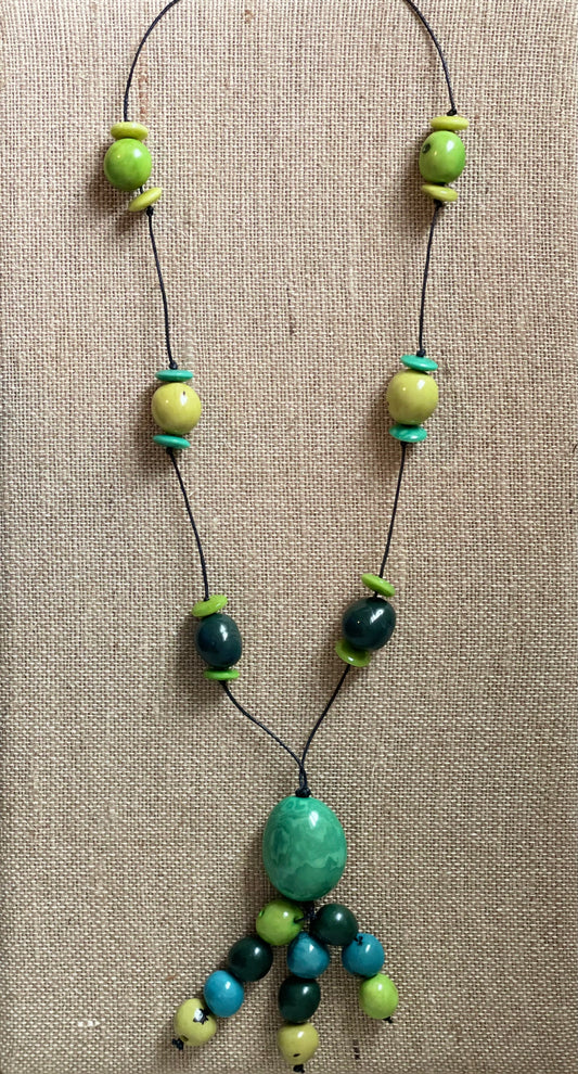 Teal Tagua Nut and Green Pambil Seeds Extra Long Adjustable Necklace