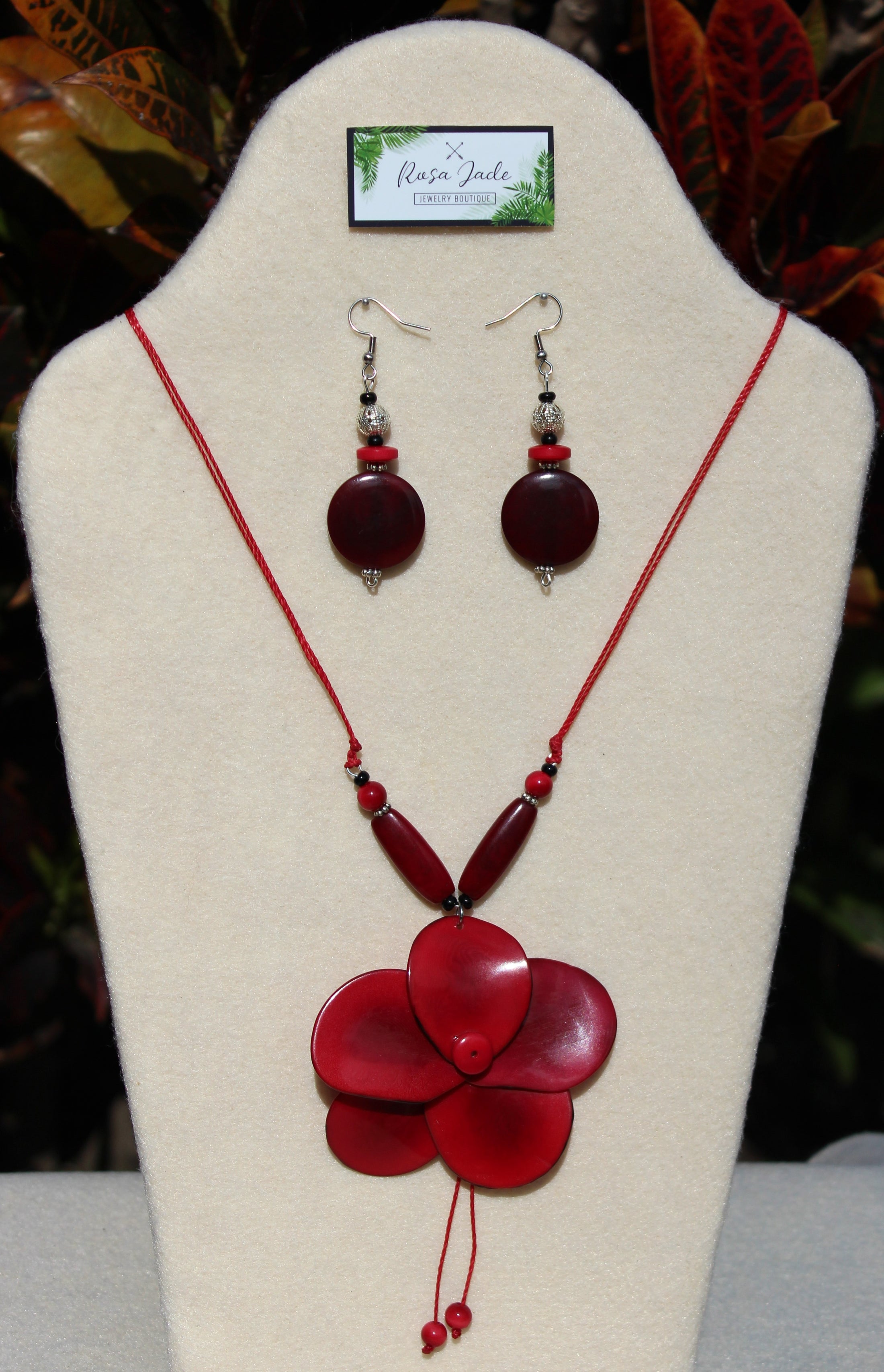 Red Tagua Nut Rose and Earrings Set