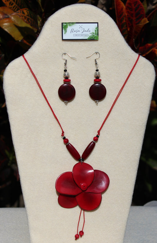 Red Tagua Nut Rose and Earrings Set