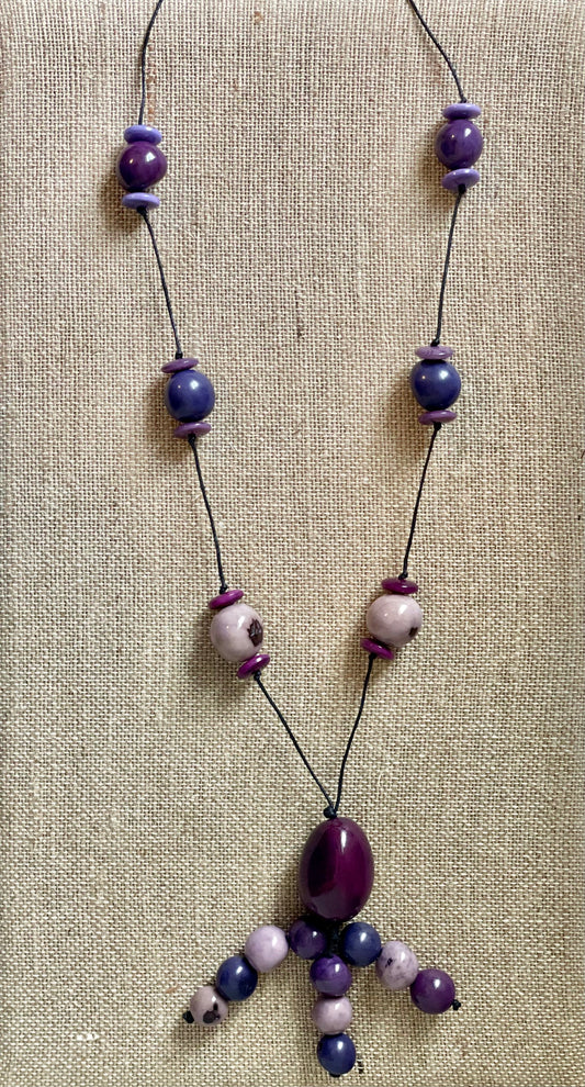 Purple Tagua Nut and Pambil Seeds Extra Long Adjustable Necklace