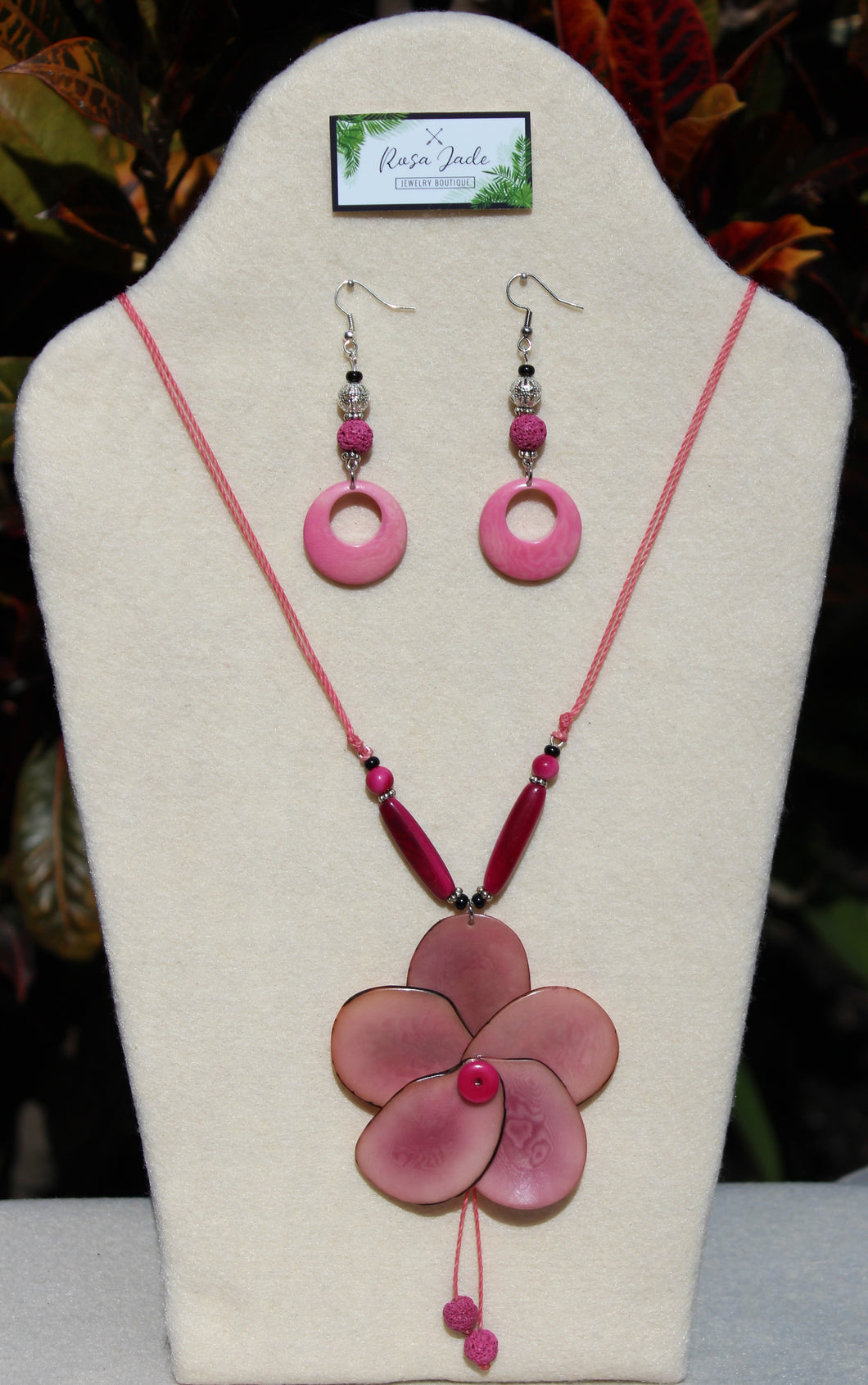Pink Tagua Nut Rose and Earrings Set
