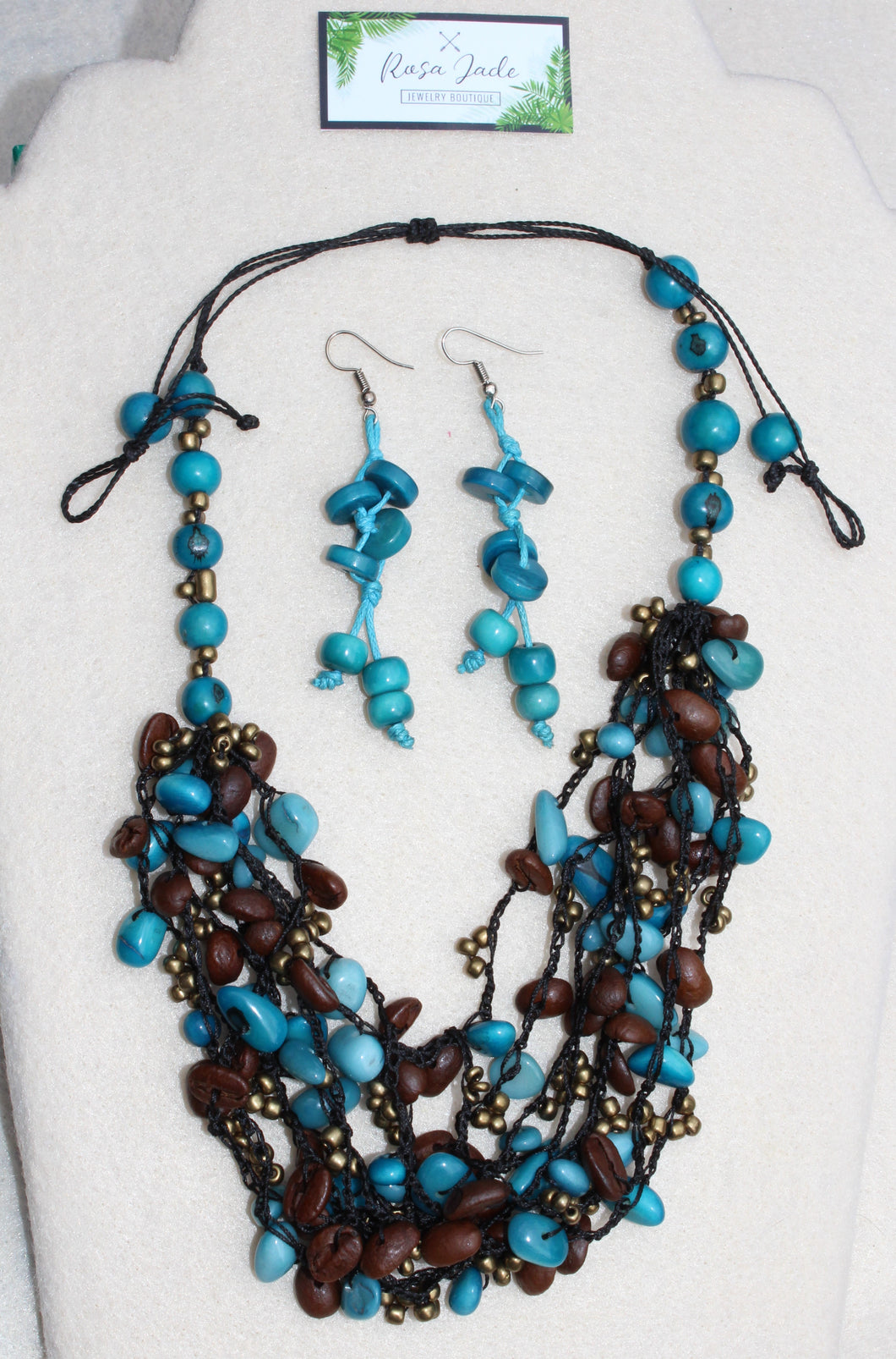 Turquoise Tagua Nut and Coffee Beans Necklace and Earrings set