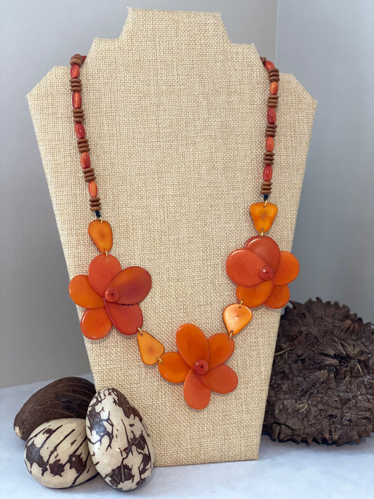 Orange Triple Rose Tagua Nut Necklace
