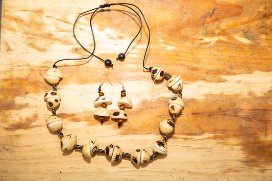 Ivory and Brown Tagua Nut Necklace and Earrings Set