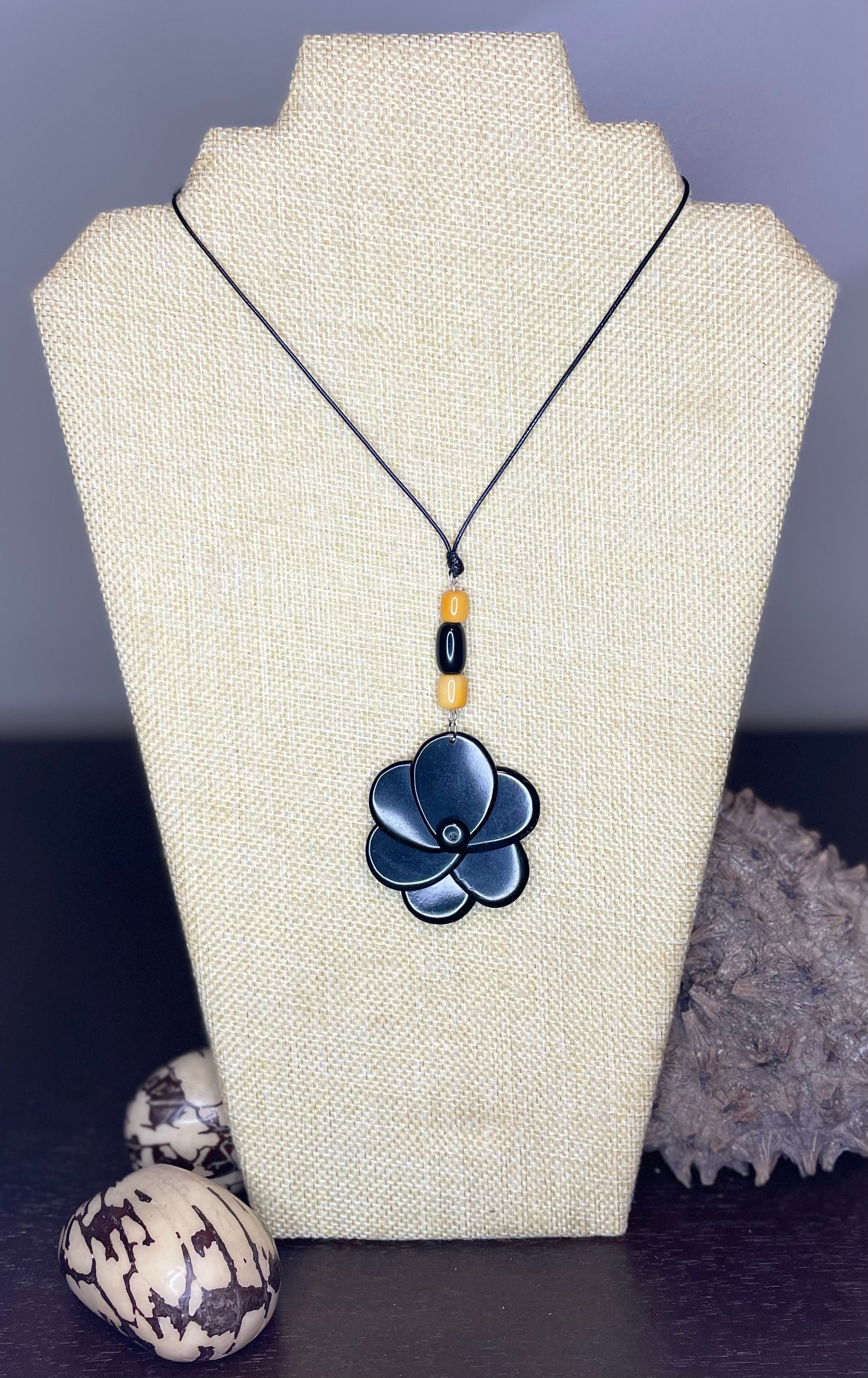 Black and Yellow Small Tagua Nut Rose Adjustable Necklace
