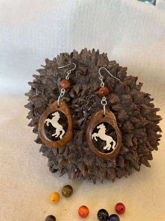 Carved Horse Tagua Nut Derby Earrings