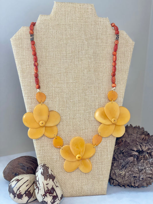 Yellow Triple Rose Tagua Nut Necklace