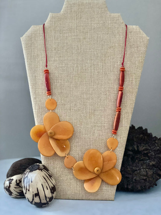 Pale Orange Double Rose Tagua Nut Necklace