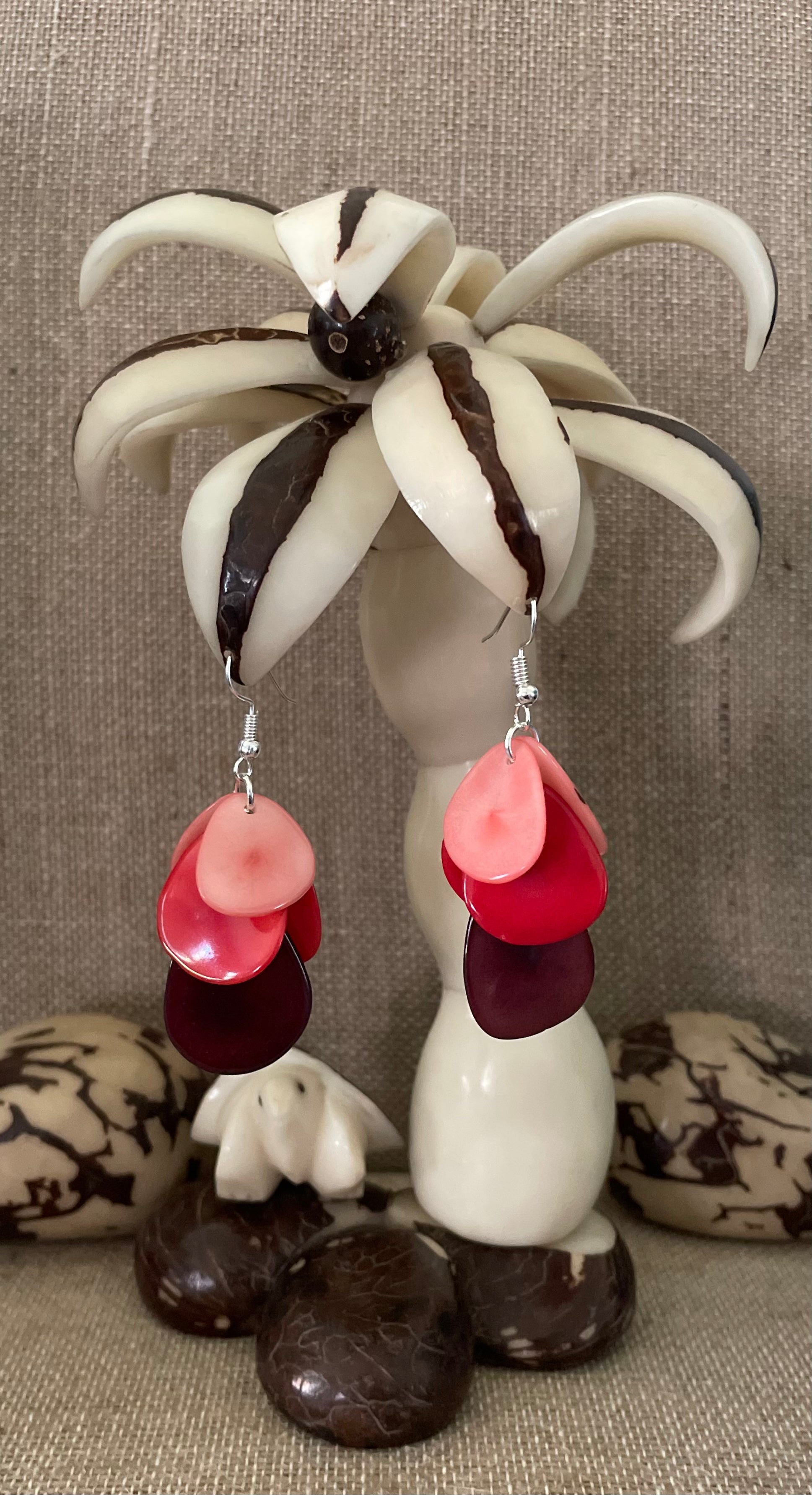 Burgundy Red and PinkTagua Nut Dangle Earrings