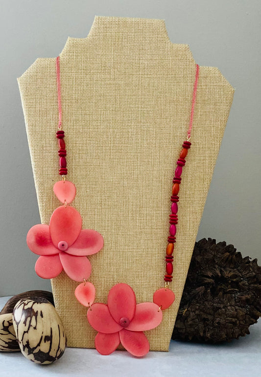 Pink Double Rose Tagua Nut Necklace