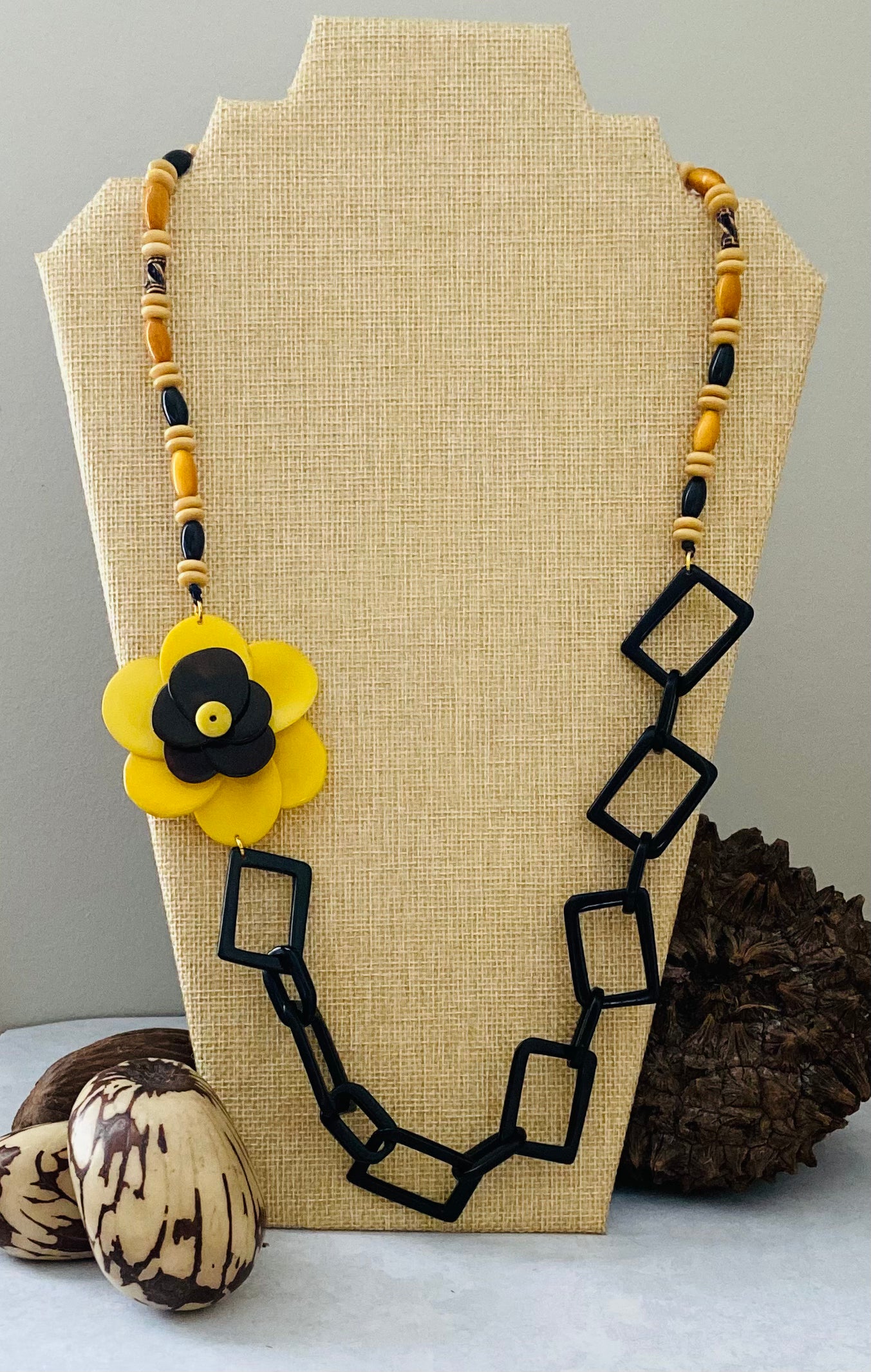 Black and Yellow Rose Chain Tagua Nut Necklace