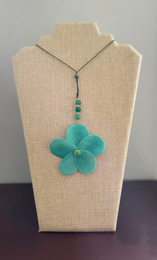 Teal Large Tagua Nut Rose Adjustable Necklace