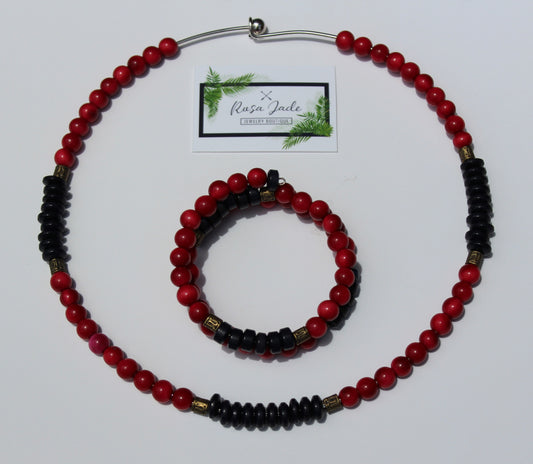Red and Black Tagua Nut Necklace and Bracelet Set