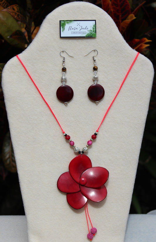 Red and Maroon Tagua Nut Rose and Earrings Set