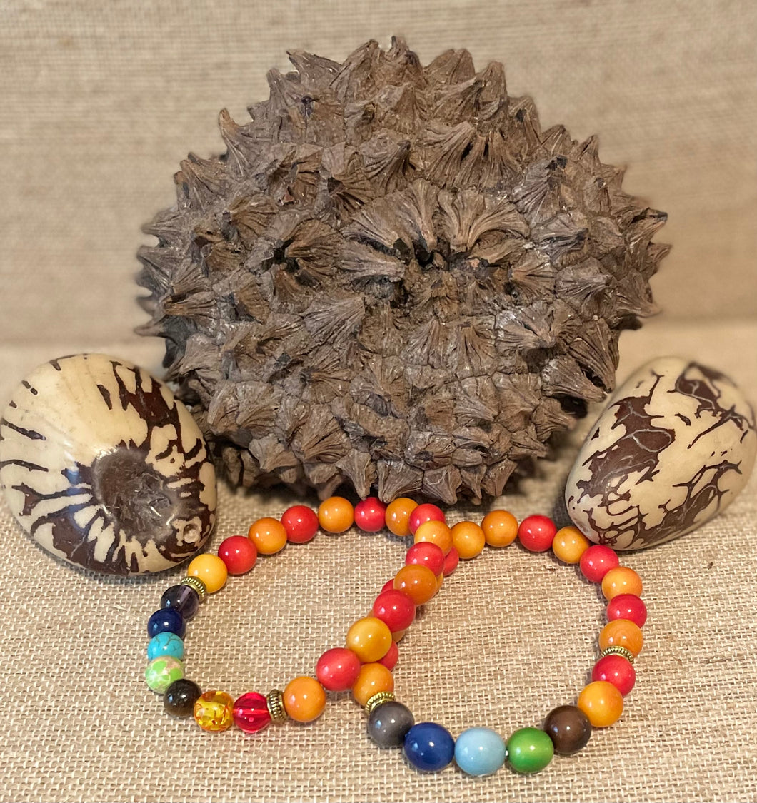 Orange Tagua Nut and Chakra Beads Bracelets