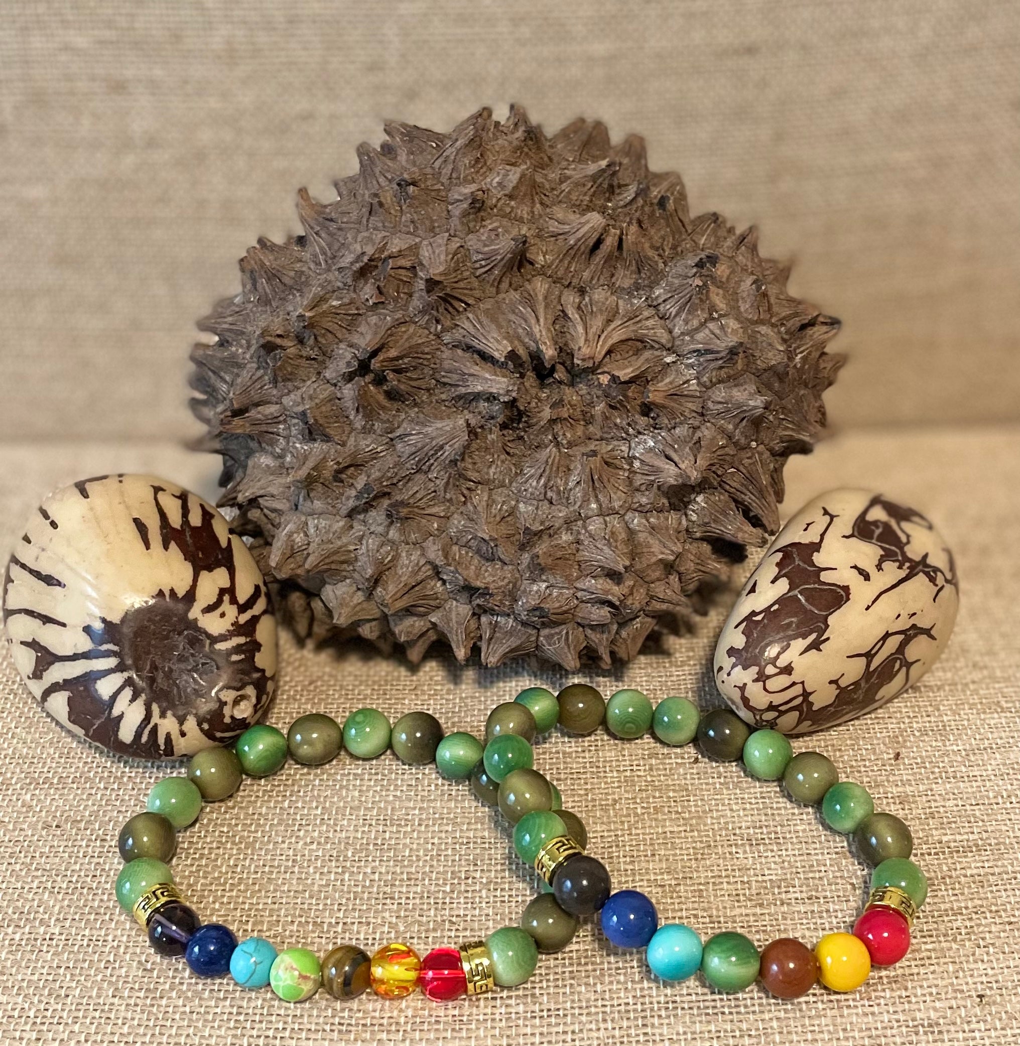 Green Tagua Nut and 7 Chakra Beads