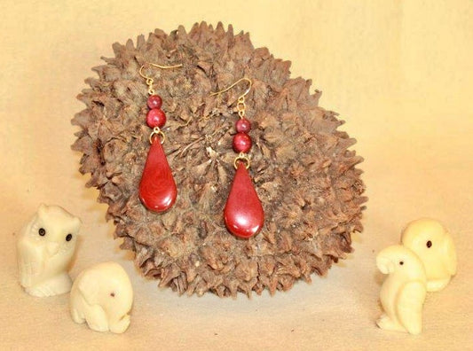 Dark Red Tagua Nut Dangle Earrings