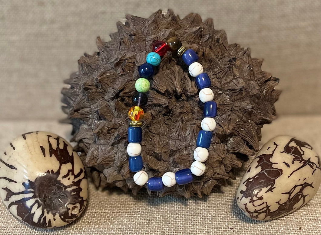 White and Blue Tagua Nut and Chakra Beads Bracelet