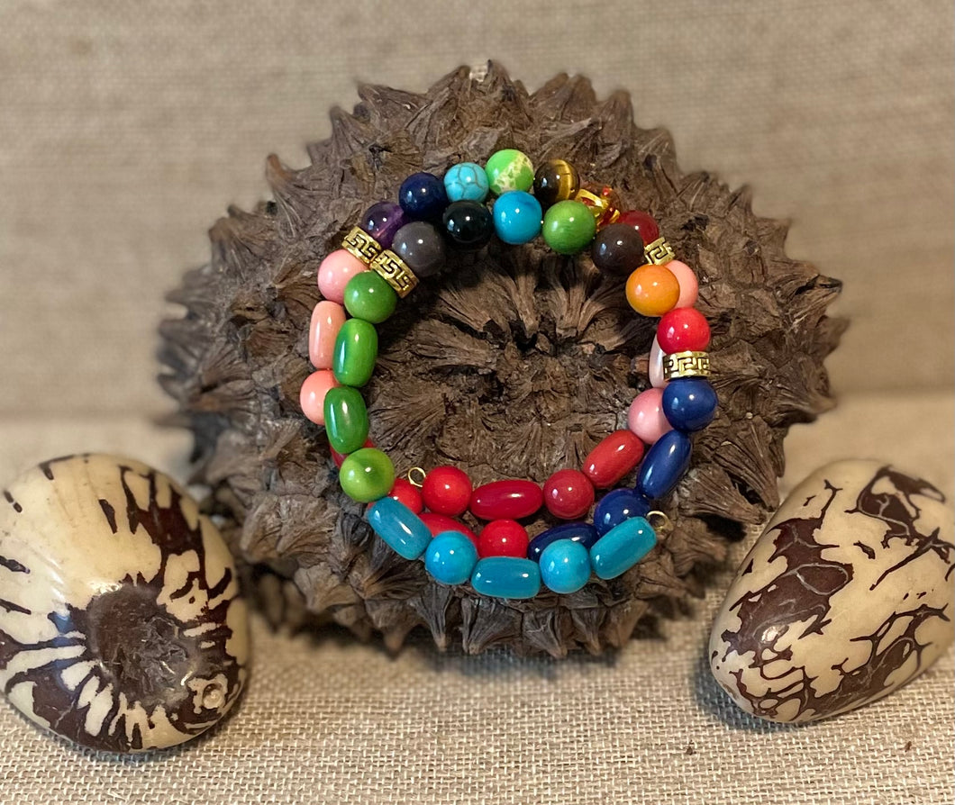 Multicolor Tagua Nut and 7 Chakra Beads Memory wire Bracelet