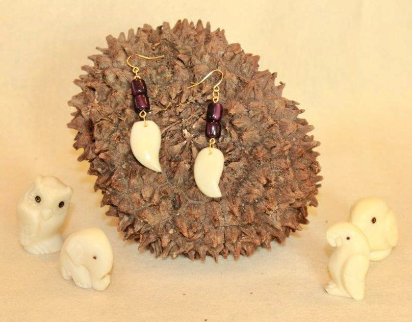 Ivory and Maroon Tagua Nut Earrings