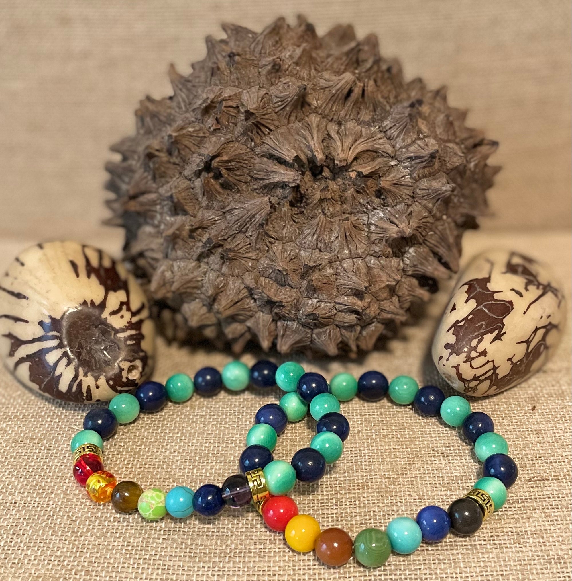 Teal and Navy Blue Tagua Nut and Chakra Bracelets