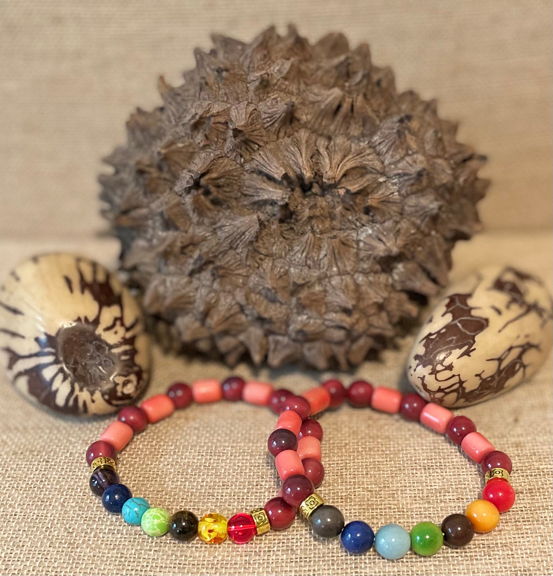 Red and Salmon Tagua Nut and Chakra Beads Bracelets