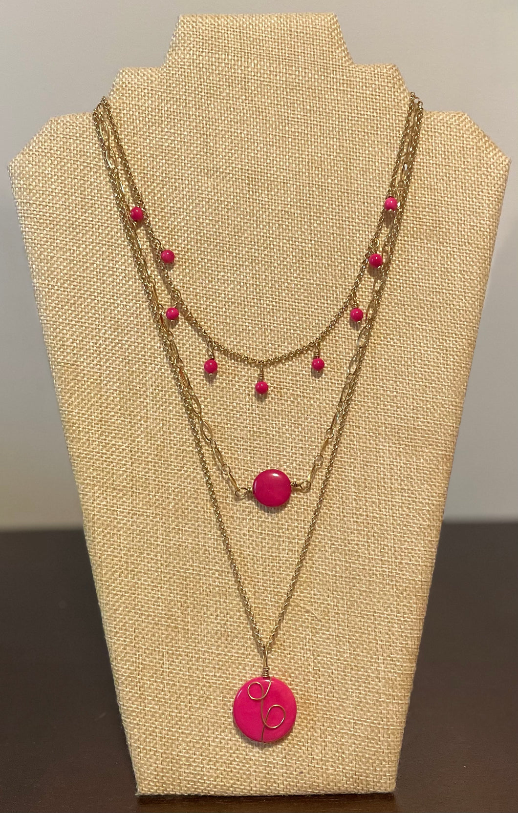 Hot Pink Tagua Triple Layer Necklace