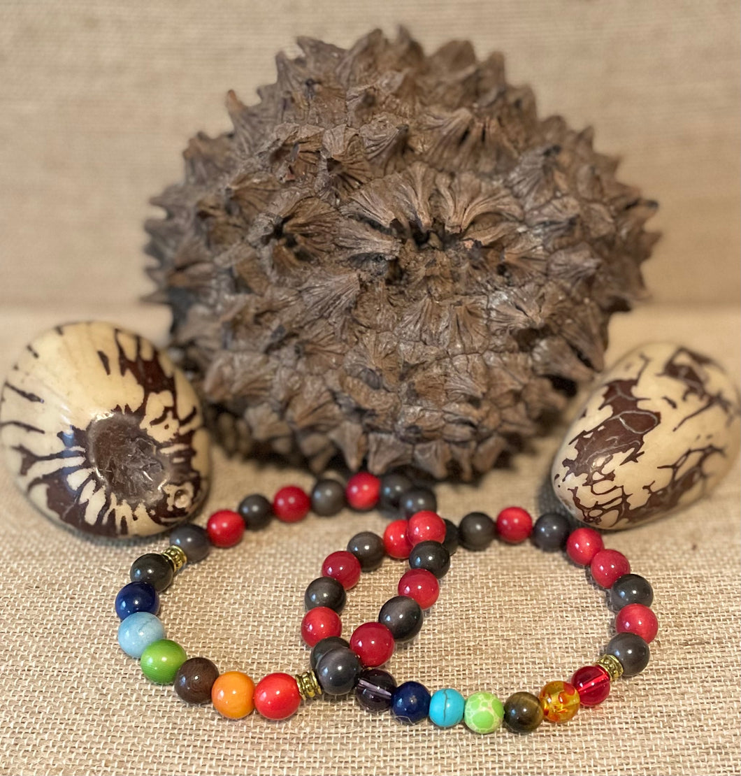 Gray and Red Tagua Nut and Chakra Beads Bracelets