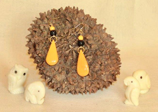 Yellow and Black Tagua Nut Dangle Earrings
