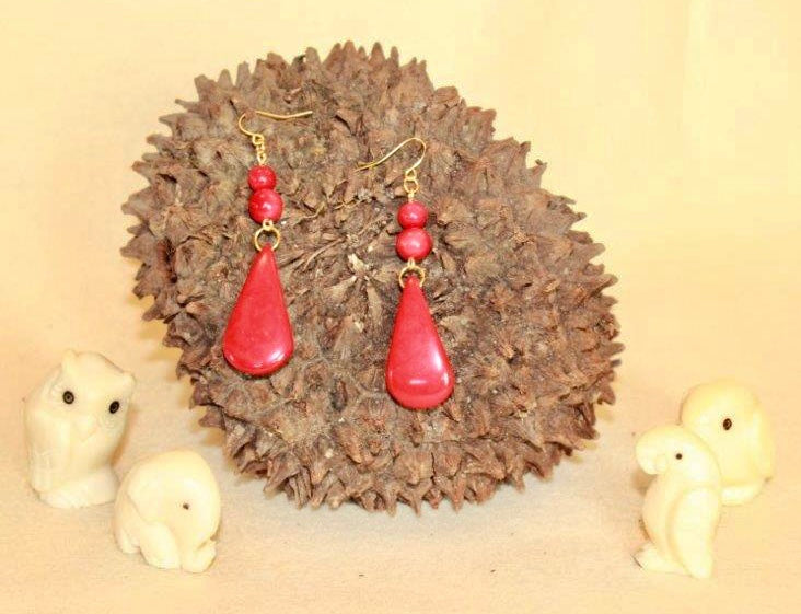 Red Teardrop Tagua Nut Dangle Earrings