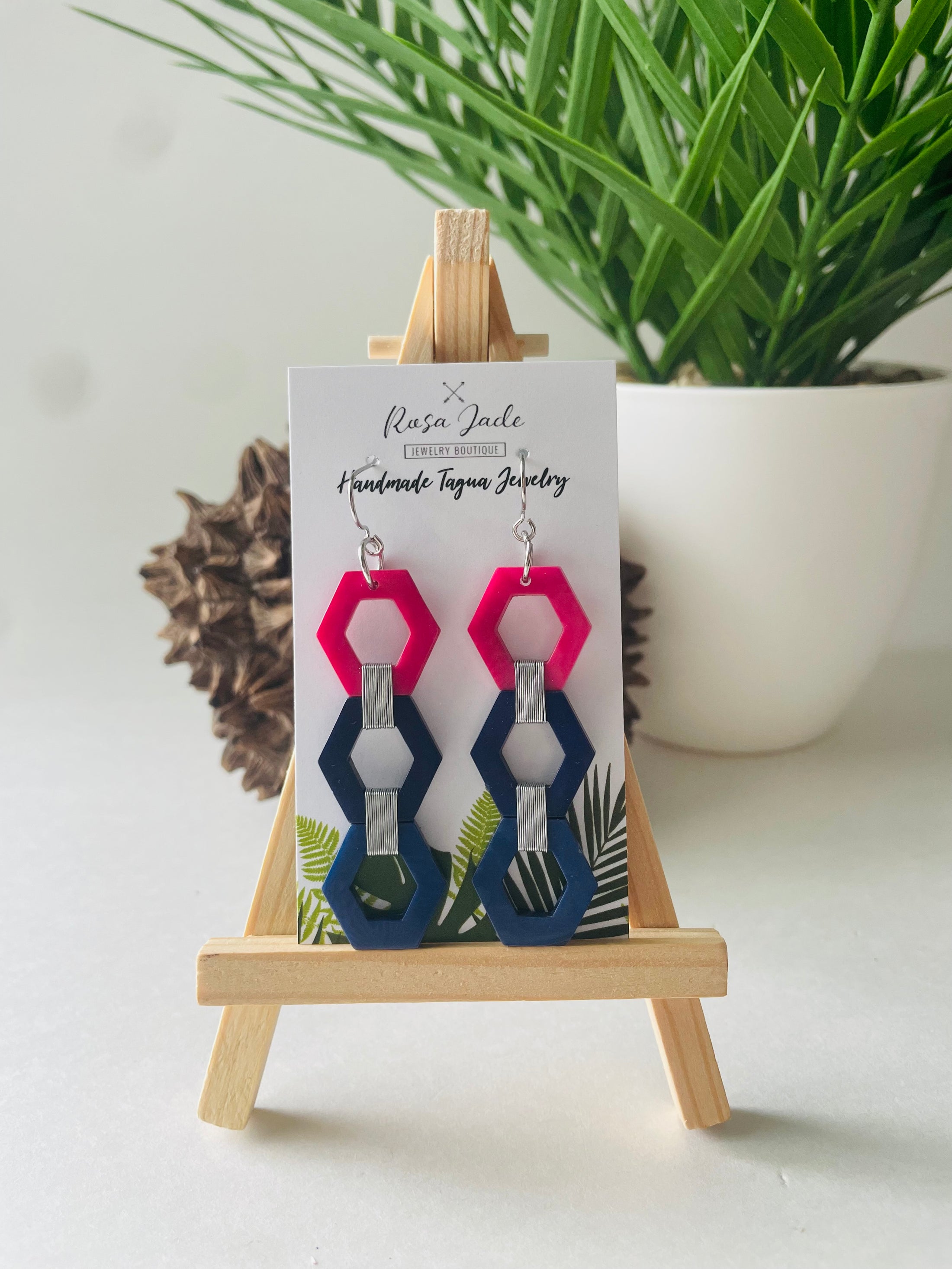 Fuschia blue tagua nut earrings 
