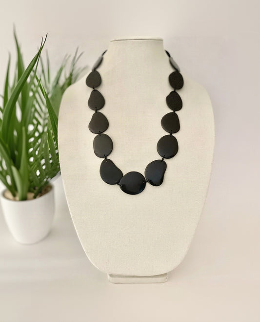 Handmade Black Tagua Nut Long Necklace – Sustainable Vegetable Ivory Statement Piece