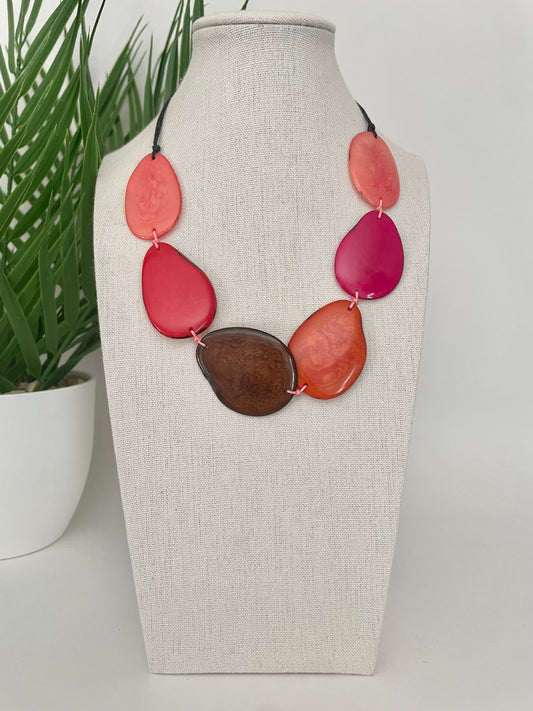 Pink Orange and Brown Tagua Nut Adjustable Necklace