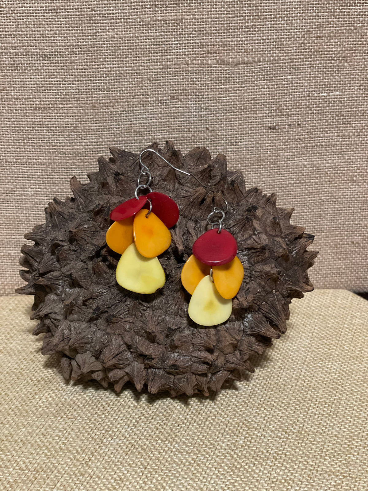 Handmade Red & Orange Tagua Nut Dangle Earrings – Sustainable Boho Jewelry