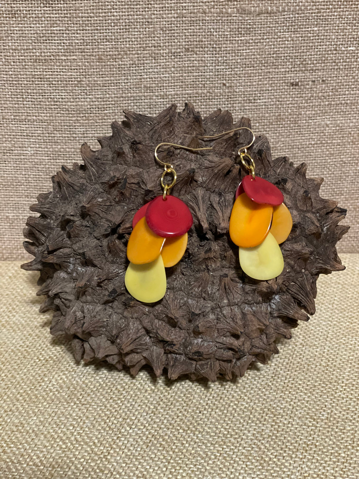 Handmade Red & Orange Tagua Nut Dangle Earrings – Sustainable Boho Jewelry