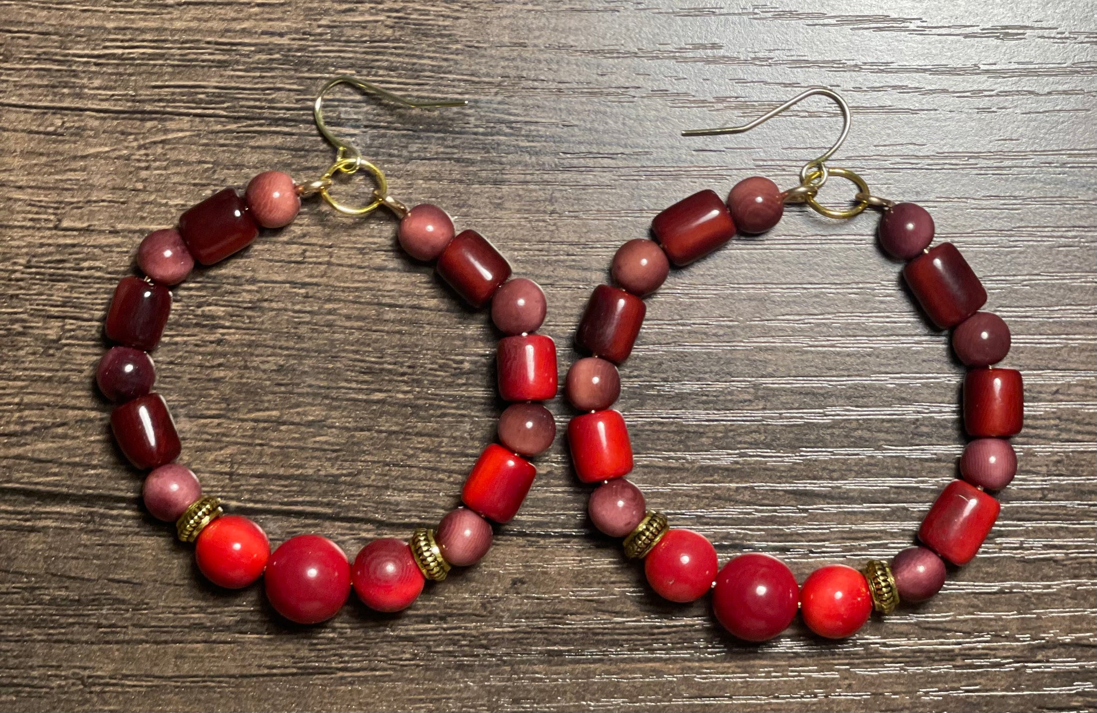 Red and Maroon Tagua Hoop Earrings