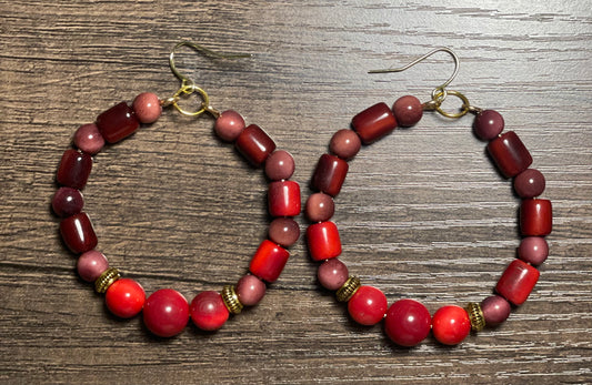 Red and Maroon Tagua Hoop Earrings