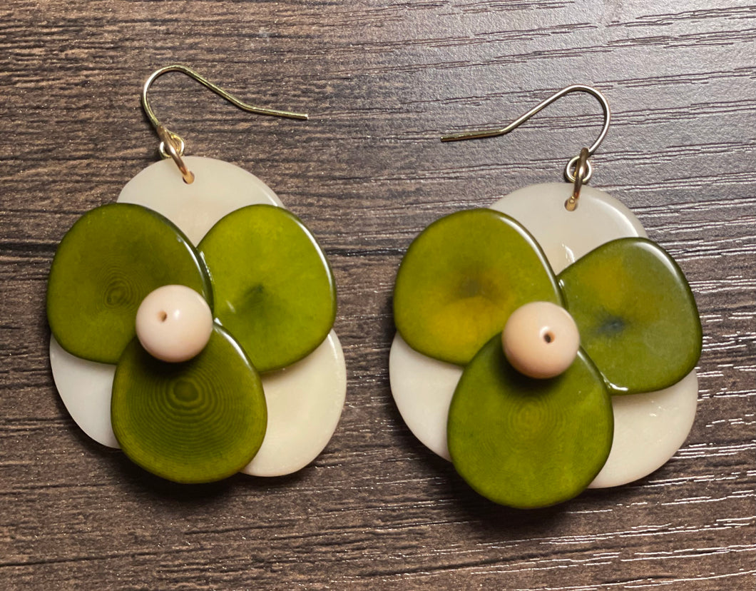 Green and Ivory Rose Tagua Earrings