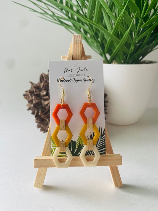 Handmade Orange Tagua Nut Hexagon Earrings – Sustainable Wire-Wrapped Statement Jewelry