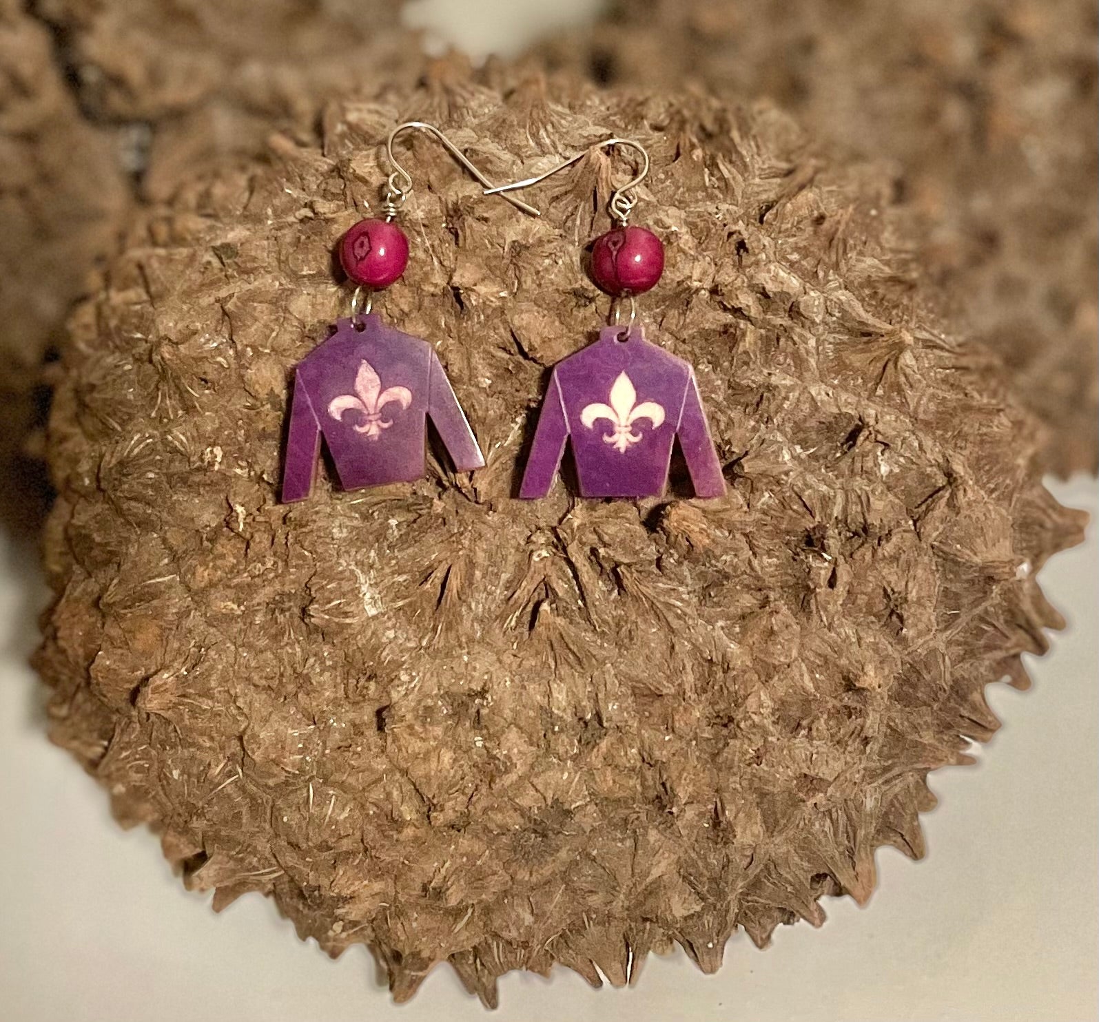 Purple Tagua Nut Jockey Silk Derby Earrings