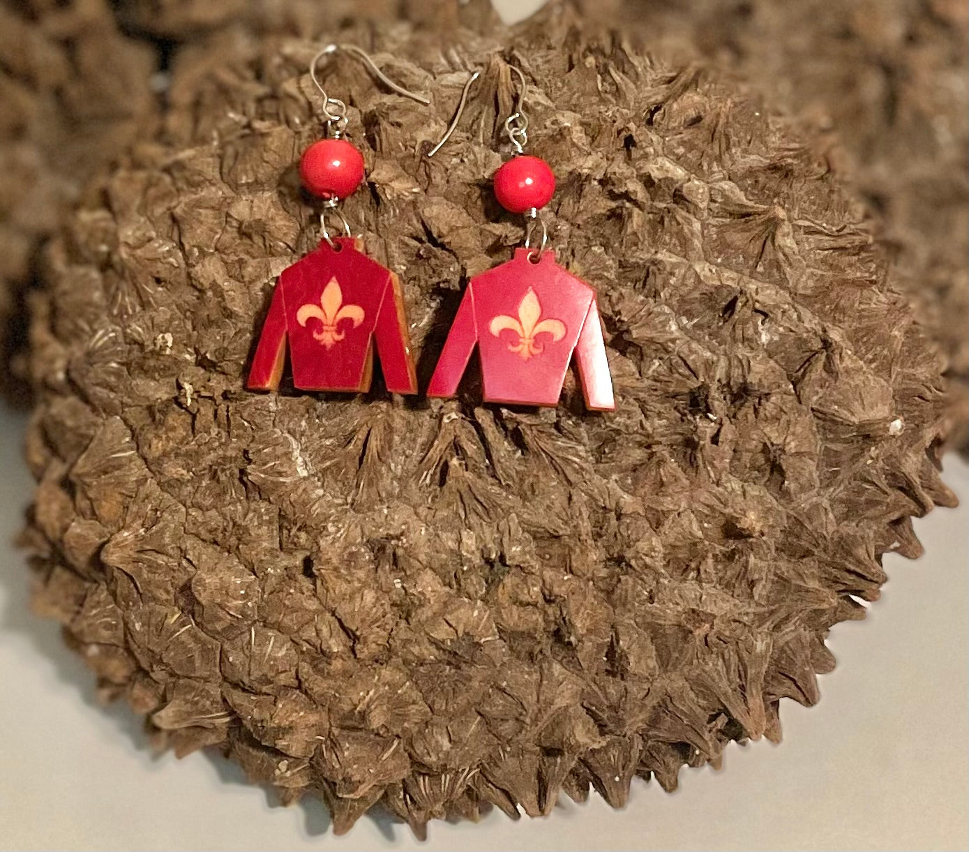 Red Tagua Nut Jockey Silk Derby Earrings