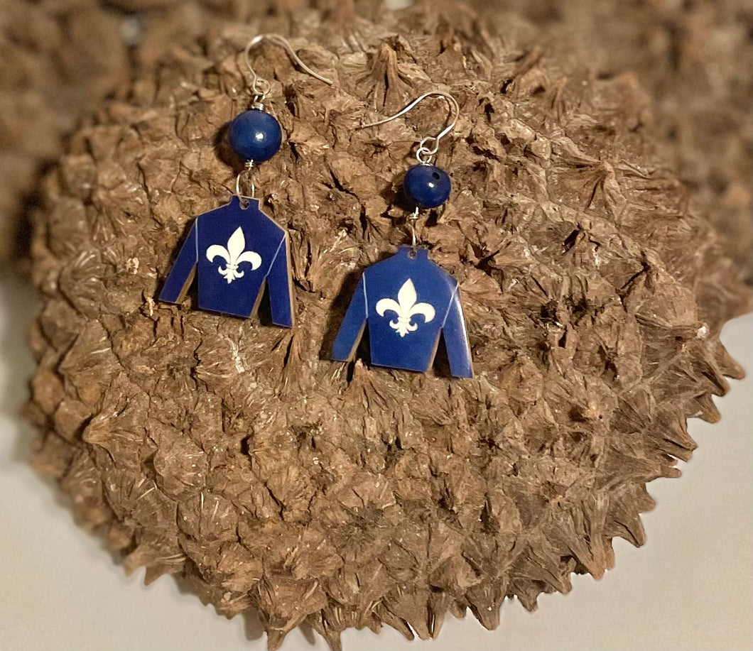 Blue Jockey Silk Tagua Nut Derby Earrings