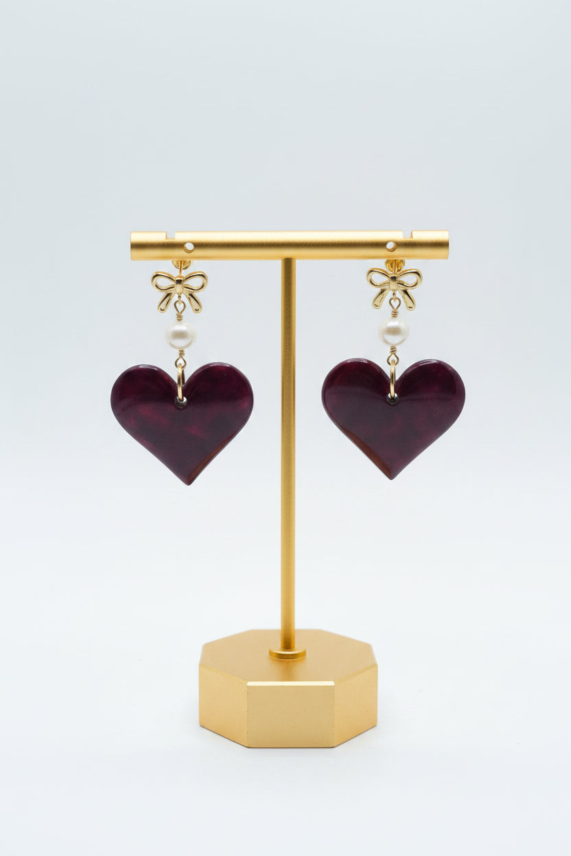 Maroon Heart Tagua Nut & Pearl Earrings | Sustainable Handmade Jewelry