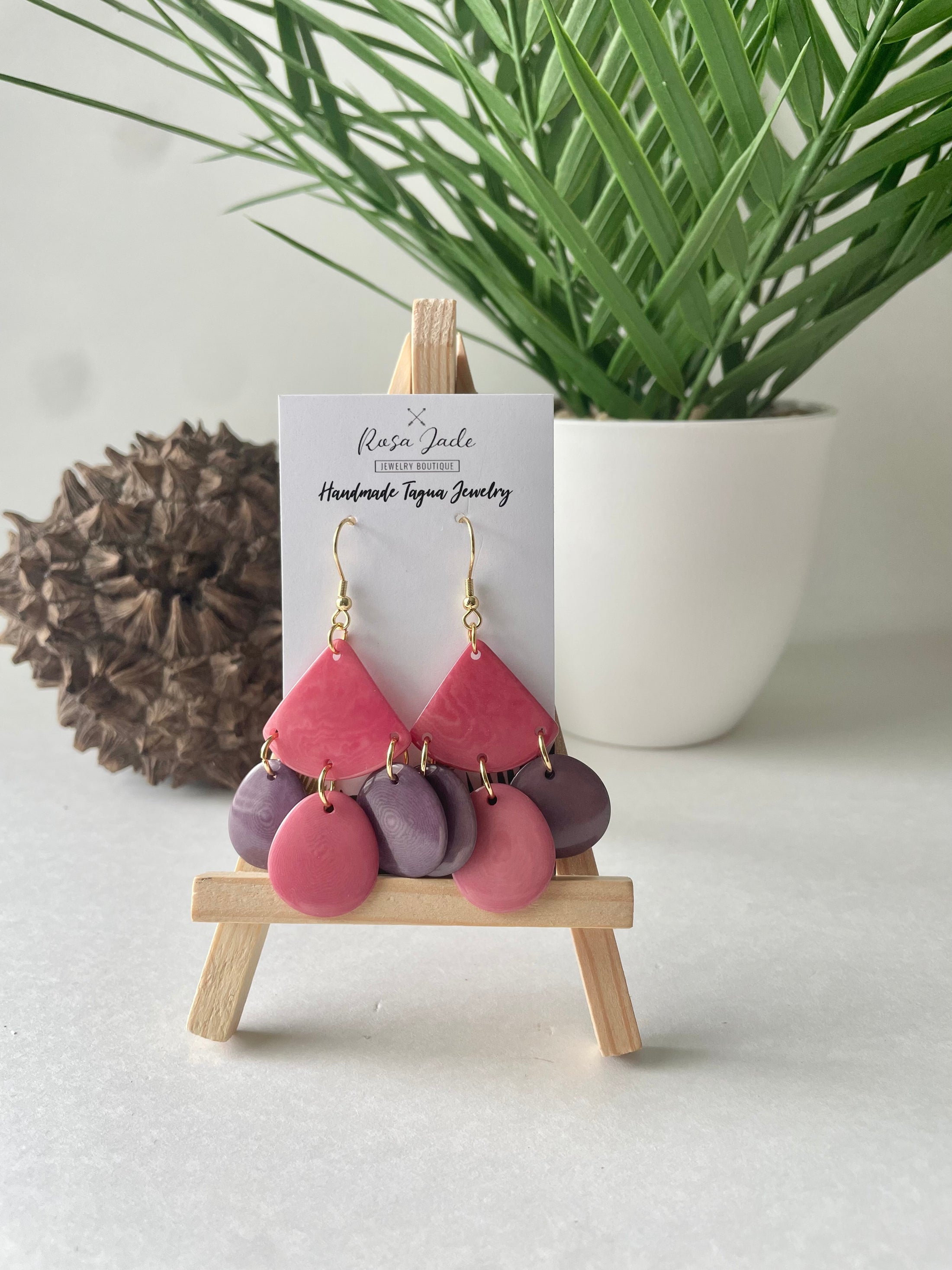 Pink and purple tagua nut earrings 