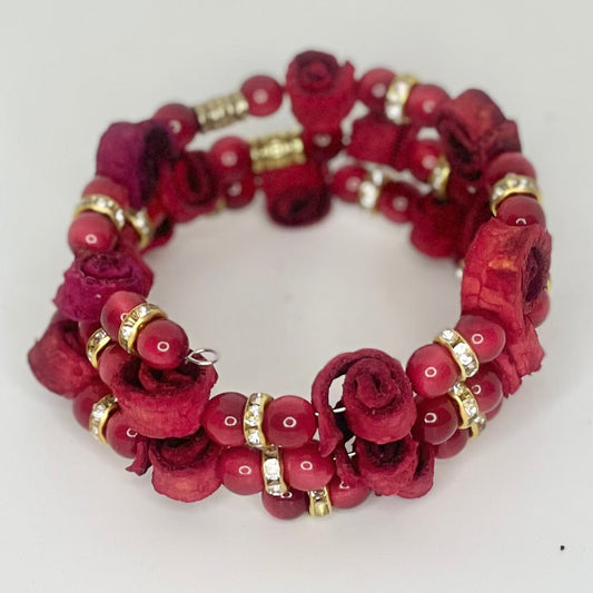 Red Tagua Bracelet with Orange Peel Flowers