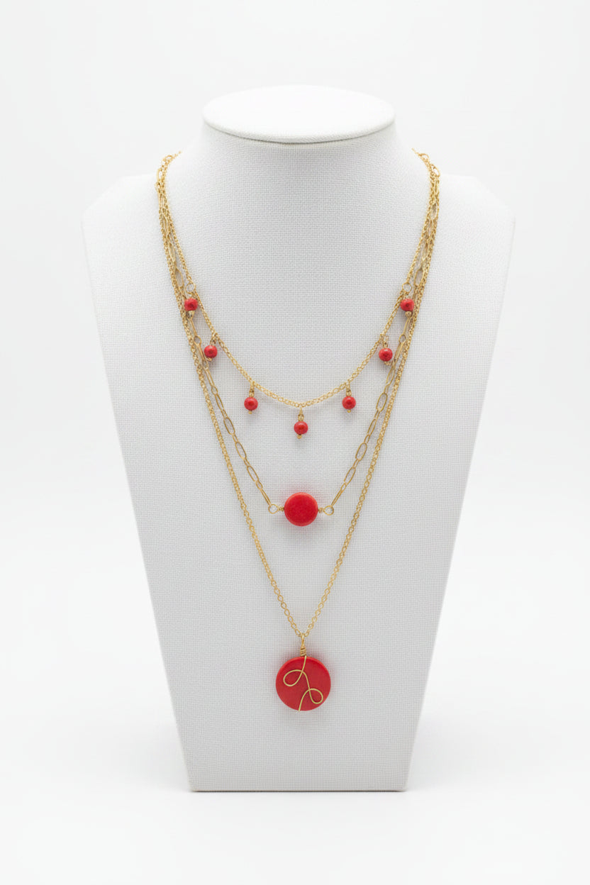 Red Triple Layer Tagua Necklace Autumn Spring