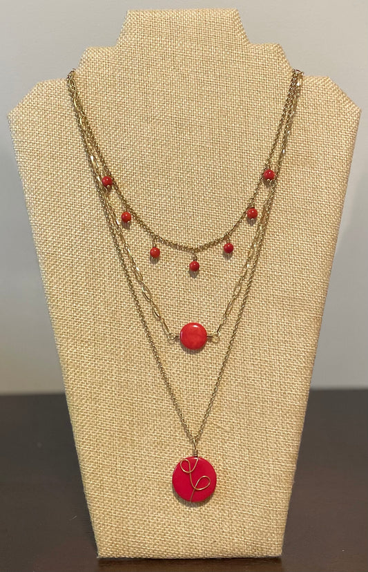 Red Triple Layer Tagua Necklace Autumn Spring
